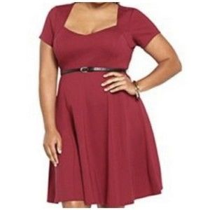 TORRID Dress Belted Women Size 2X Maroon Burgundy Soft Knit Flutter Skater Midi